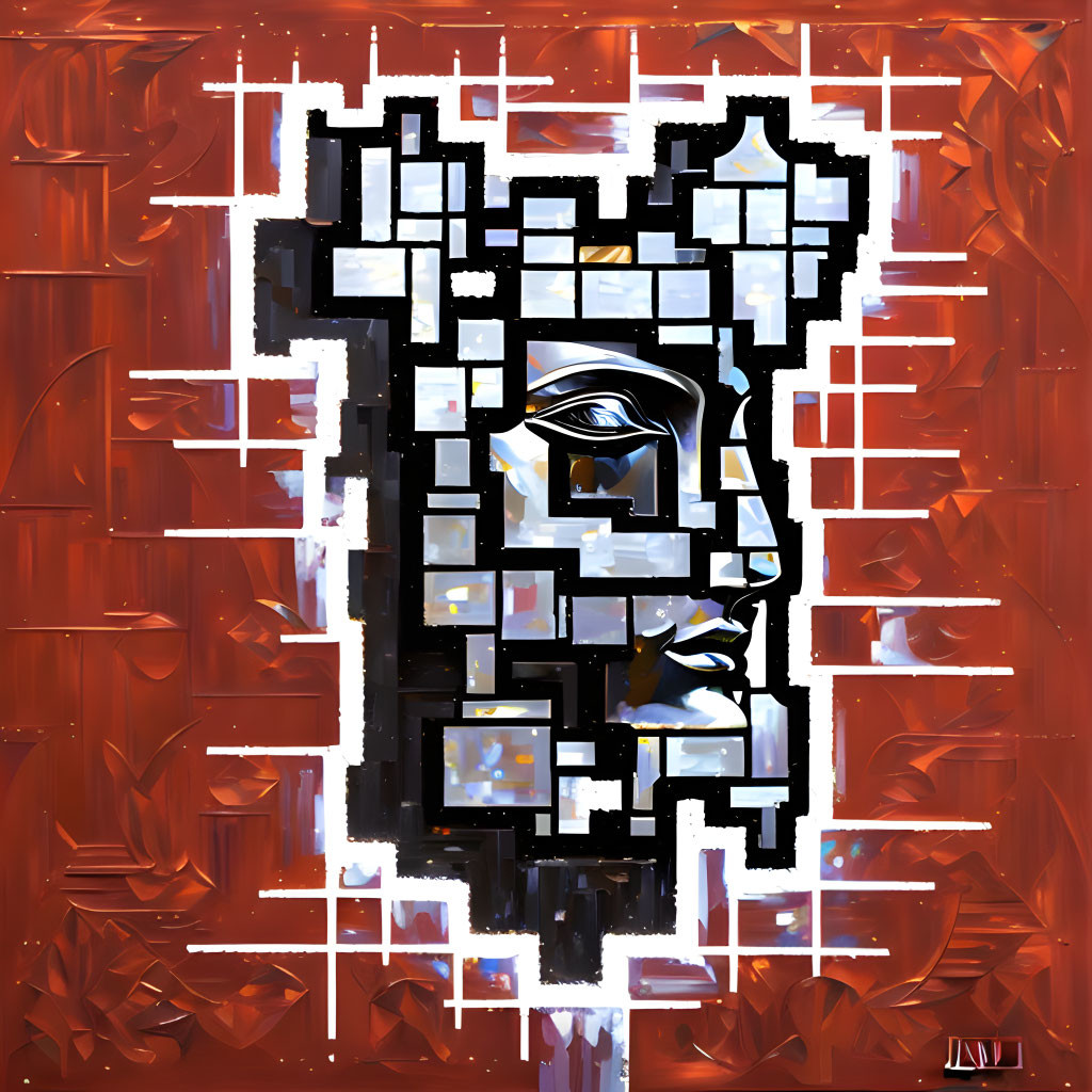 Fragmented humanoid face in abstract digital art on red grid background