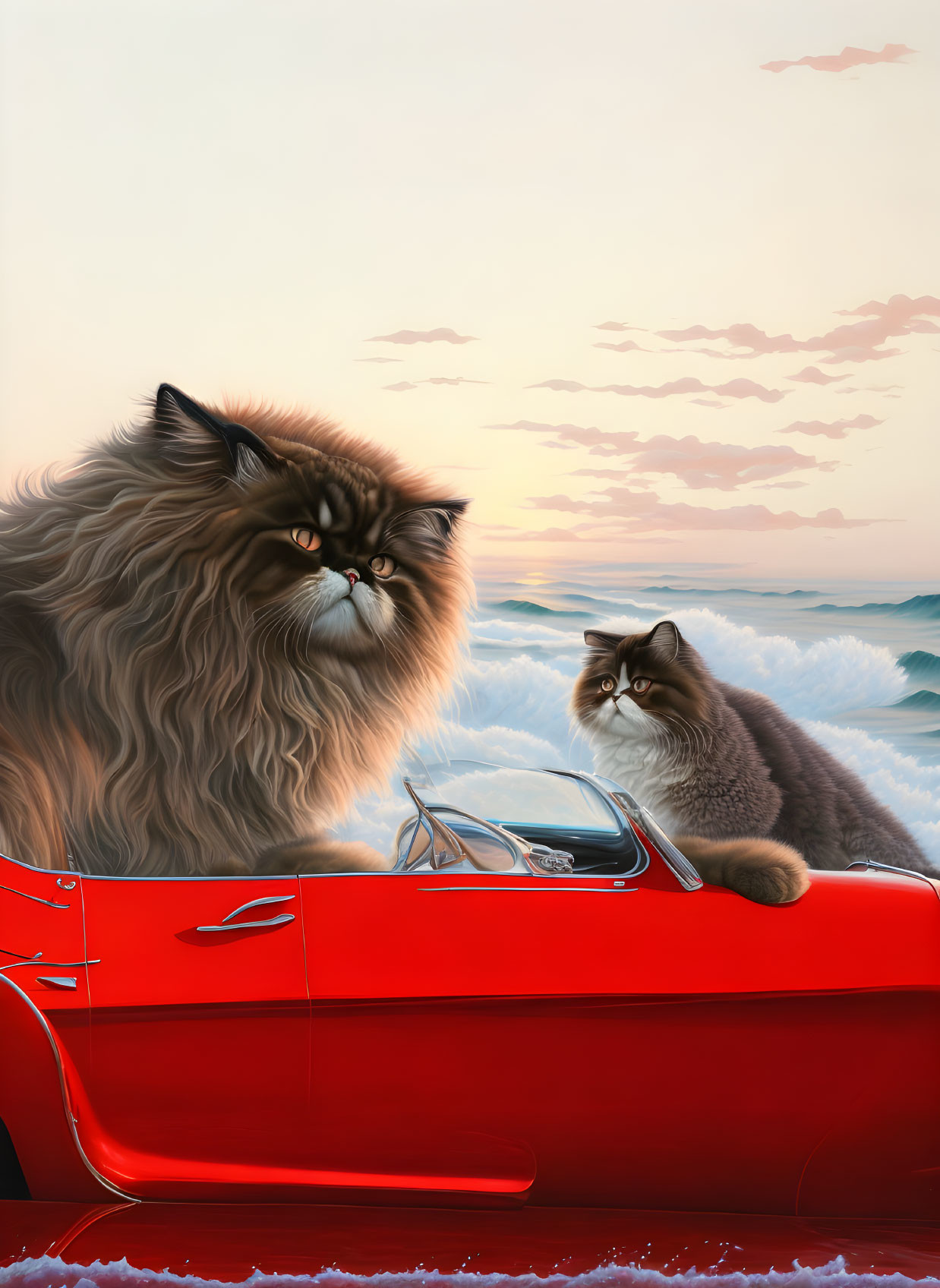 Fluffy cats in red convertible with ocean backdrop