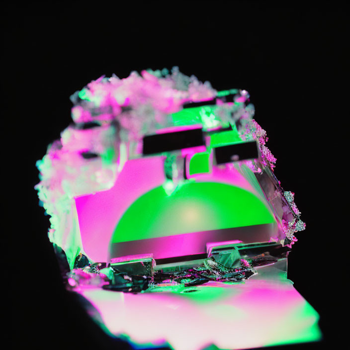 Neon green mechanical keyboard switch on shattered glass with pink and green lighting effects