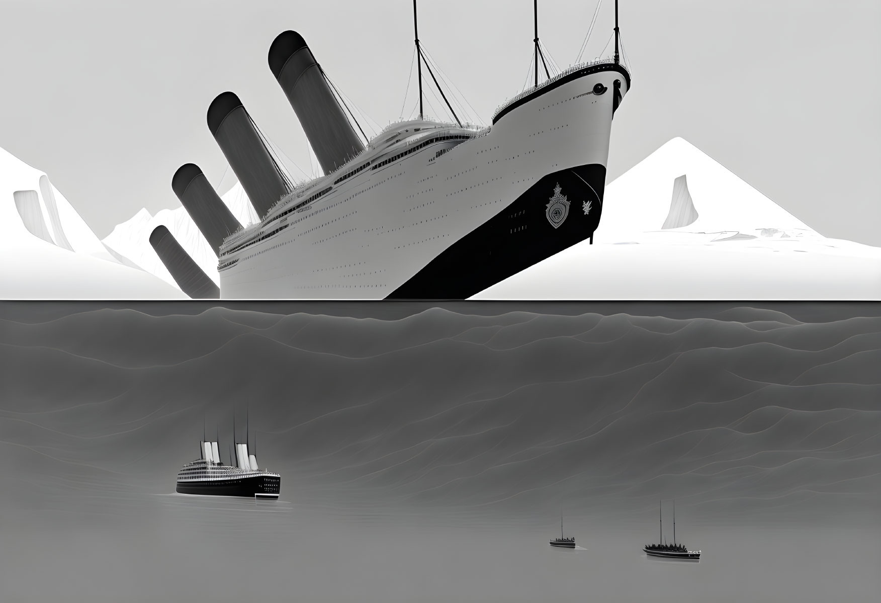 Monochromatic stylized artwork of a ship capsizing on wavy seas