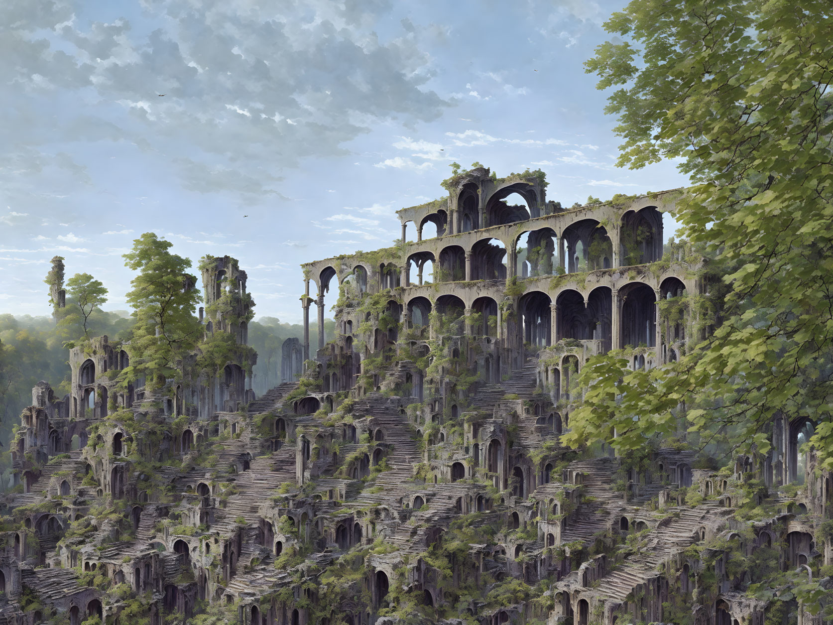 Fantastical landscape with lush greenery on ancient ruins.