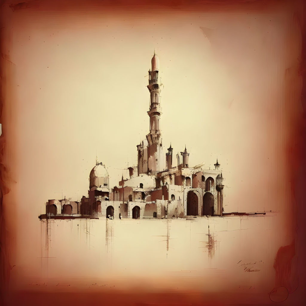 Traditional Mosque Minaret & Dome in Warm Sepia Tones