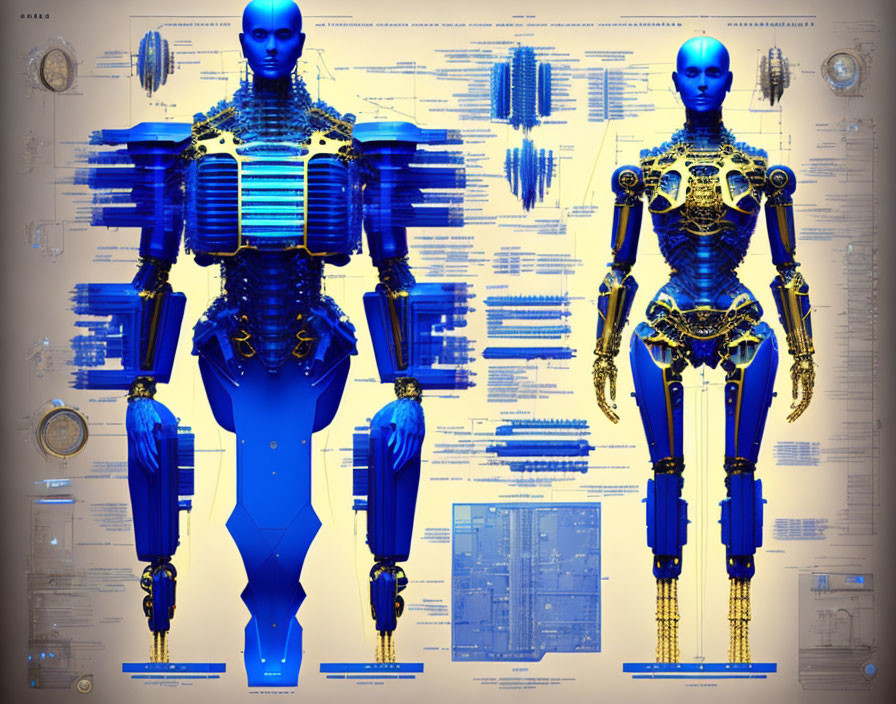 Intricate Blue and Metallic Humanoid Robots on Technical Schematics