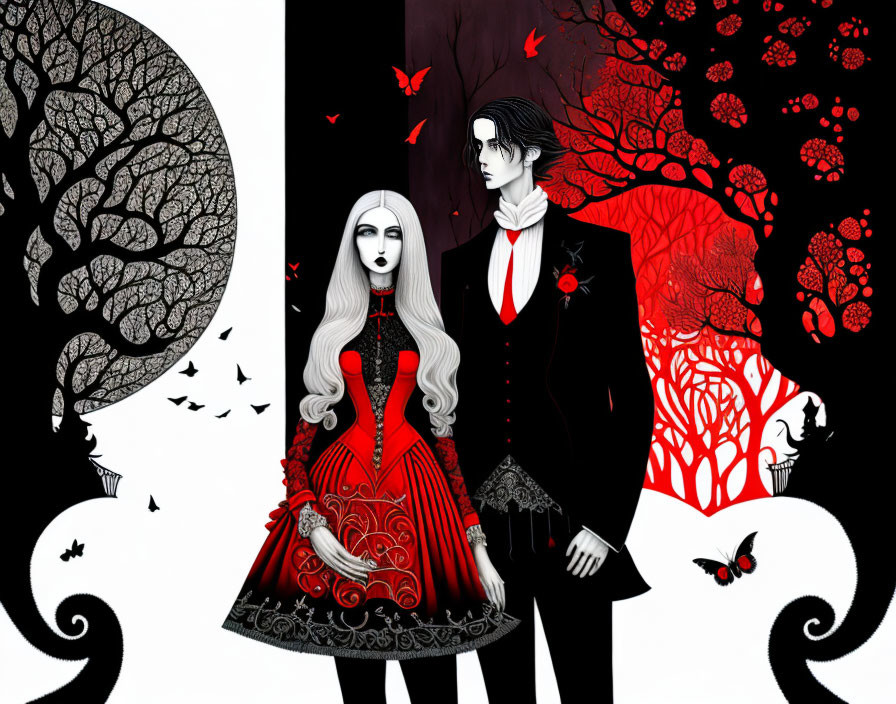 Gothic couple in red and black attire among stylized trees and creatures