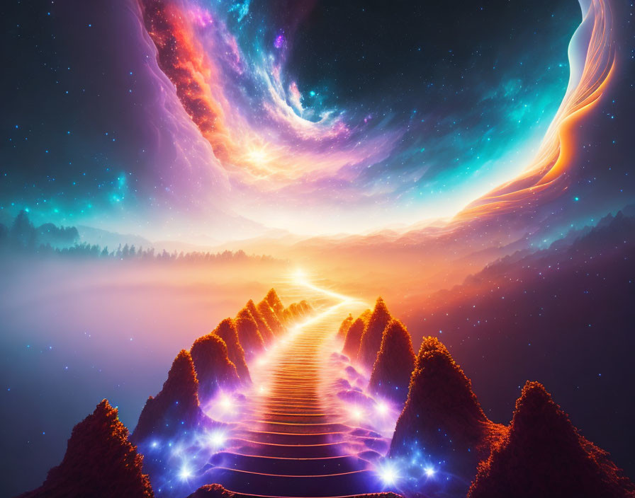 Colorful cosmic illustration: Glowing pathway in mystical mountains under swirling galaxy sky