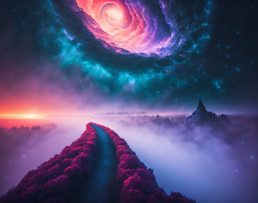 Misty purple forest pathway under swirling galaxy at sunrise