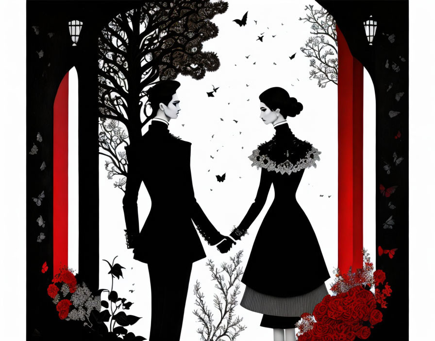 Stylized illustration of man and woman holding hands between lampposts with floral and bird motifs