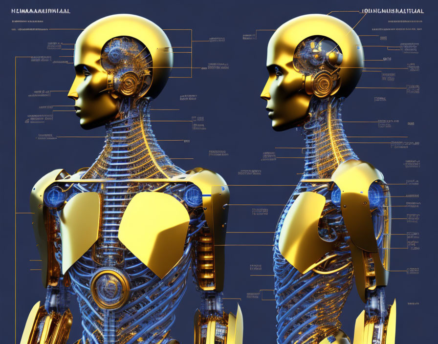 Golden robotic humanoid figures with intricate details on blueprint background