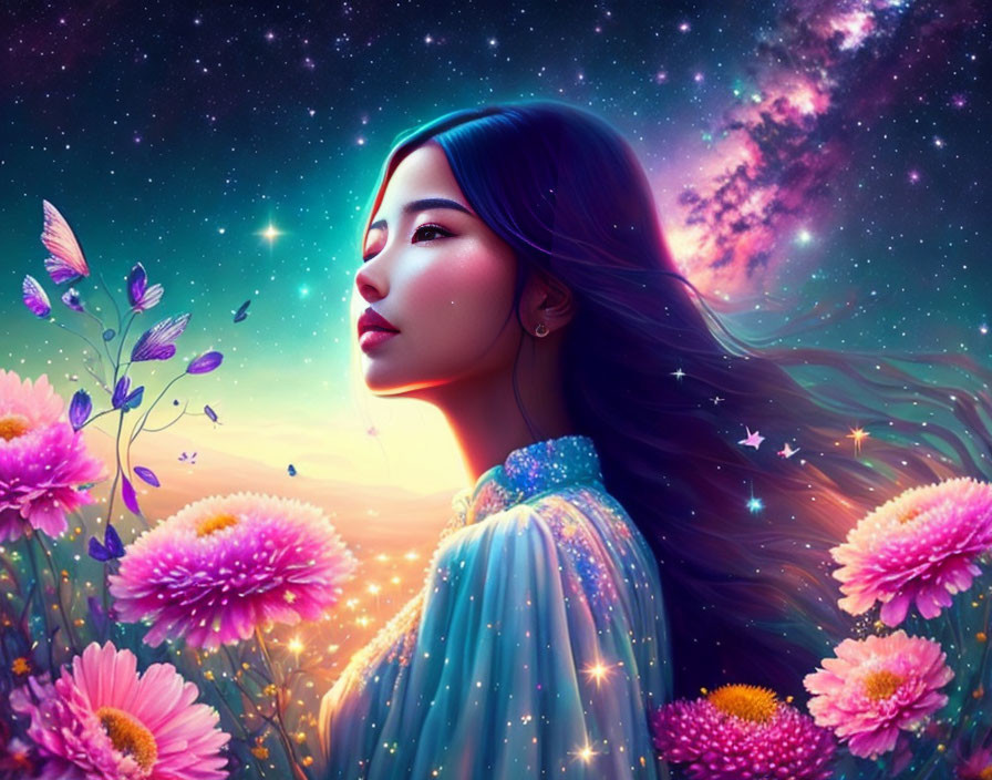 Woman with Long Hair Surrounded by Flowers in Cosmic Digital Art