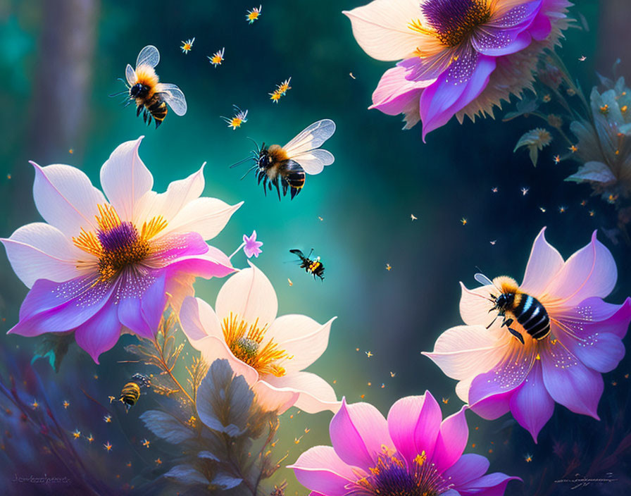 Digital Art: Bees and Flowers in Dreamy Forest