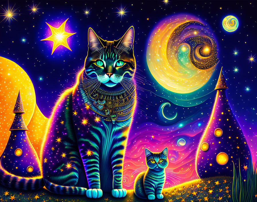 Colorful Artwork: Stylized Cats in Cosmic Setting