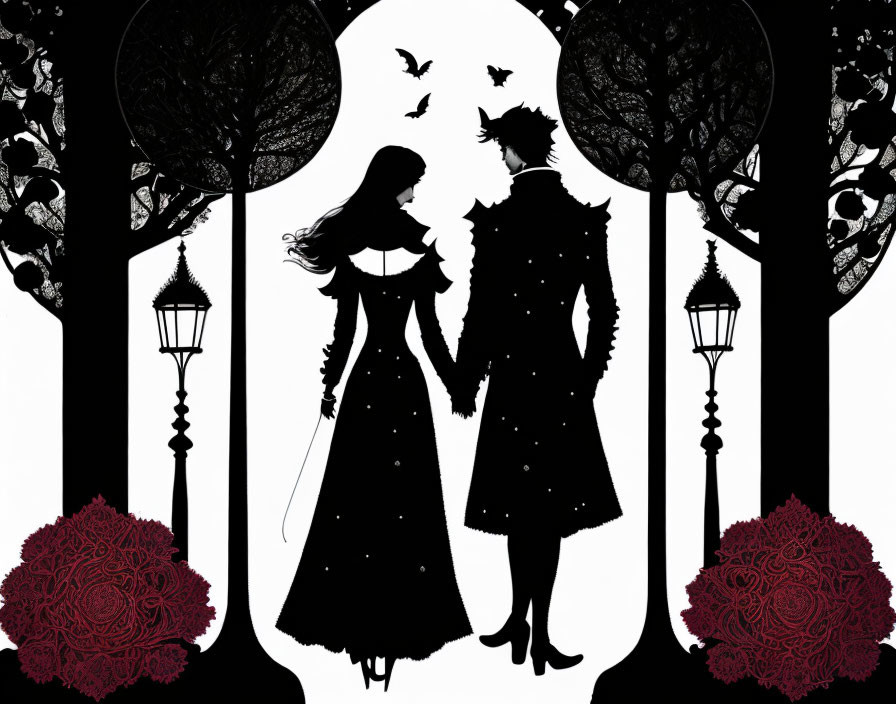 Silhouette of couple holding hands under gothic arches and surrounded by nature and ornate designs