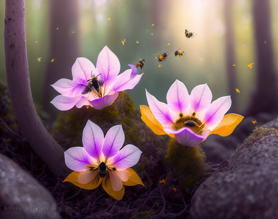 Vibrant Purple and Yellow Flowers with Bees in Sunlit Forest