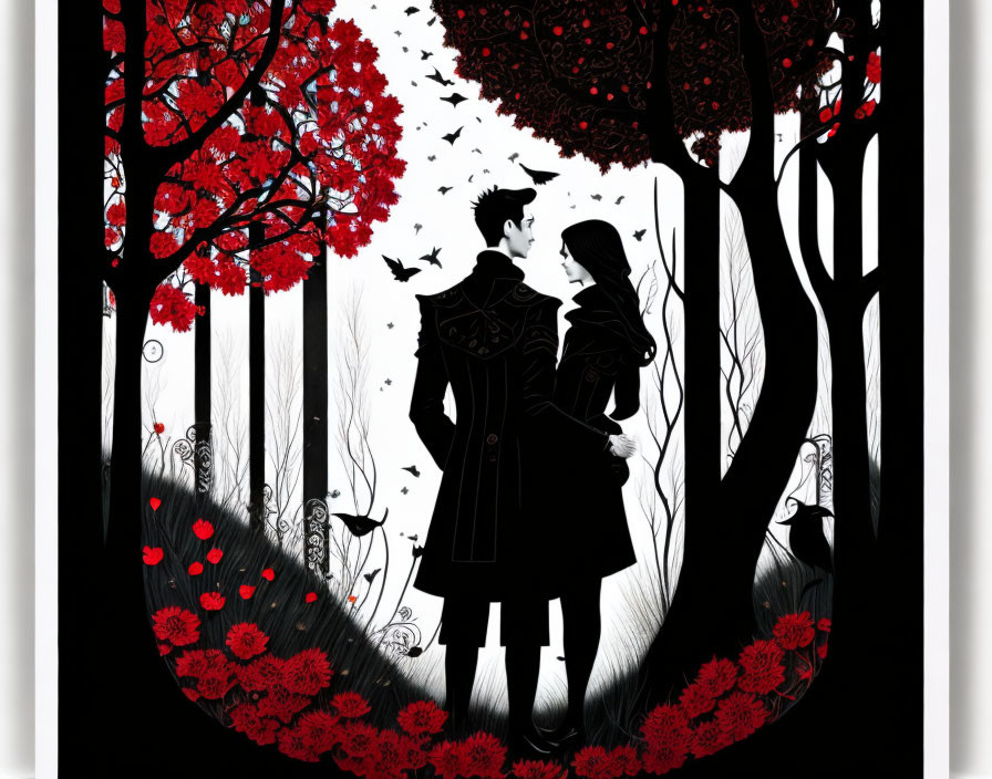 Silhouette of couple under red flowering trees in black and white scenery