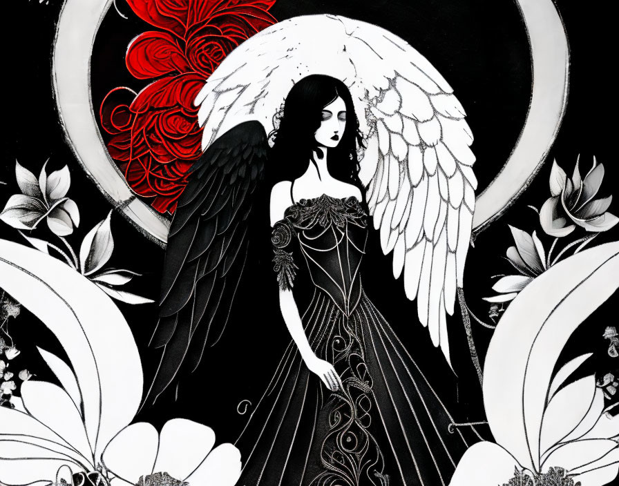 Monochromatic angel illustration with black and white wings on floral circular backdrop