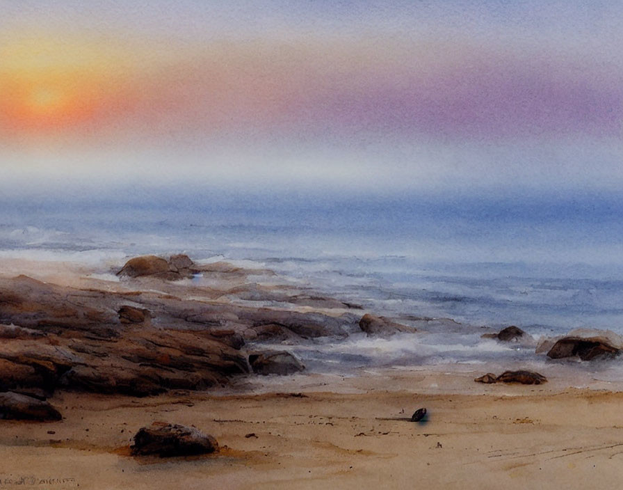 Tranquil beach twilight watercolor with rocks and gradient sky