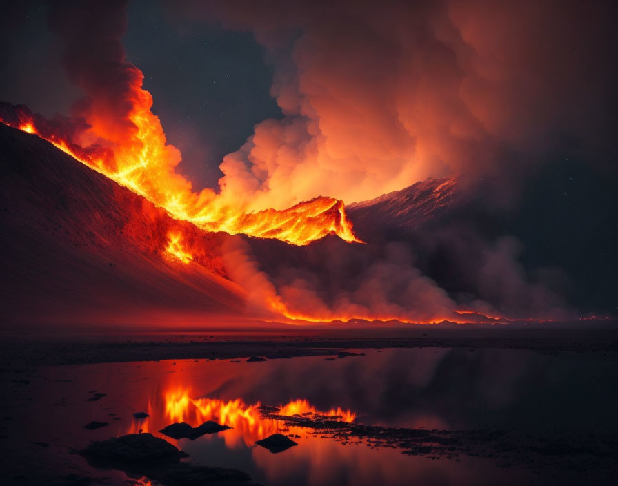 Volcanic eruption at night with flowing lava and dramatic sky