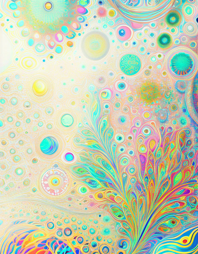 Colorful abstract art with swirling patterns and pastel hues