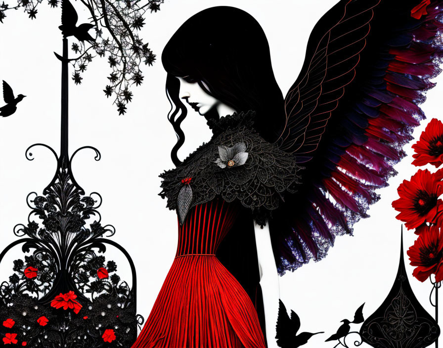 Gothic woman with black wings, red flowers, and black birds on black and white background