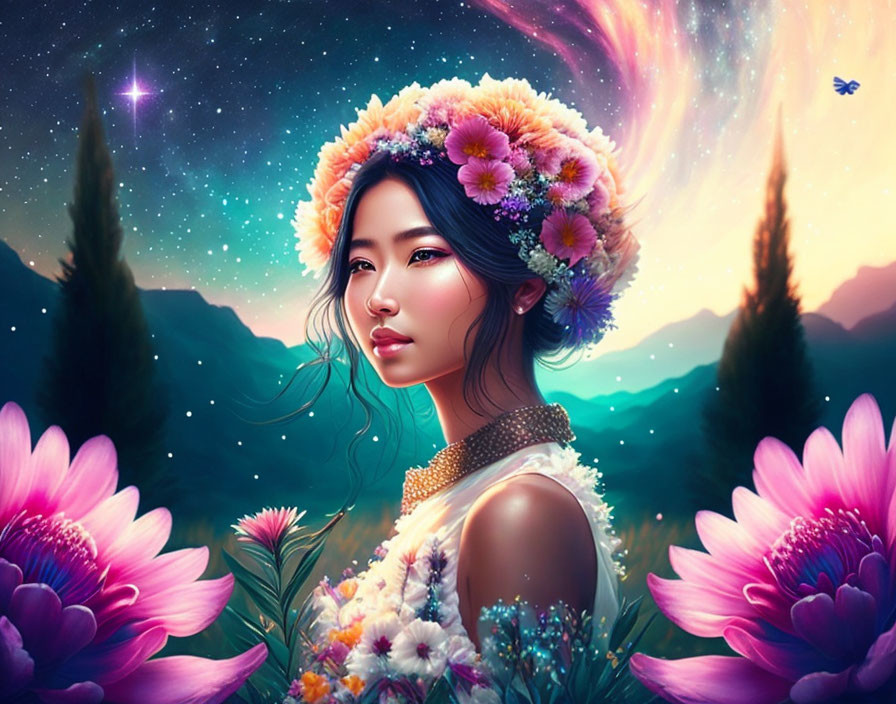 Digital portrait of woman with floral crown on vibrant cosmic backdrop