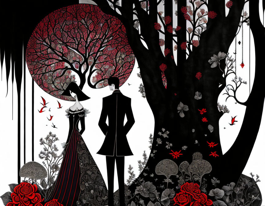 Stylized illustration of couple in black and red forest with intricate details