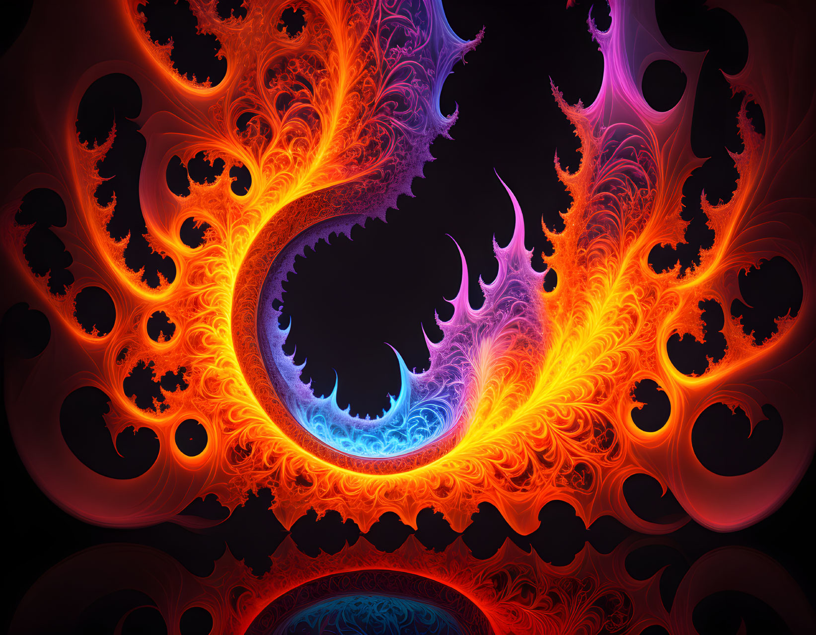 Colorful Yin-Yang Fractal Art in Orange and Blue on Black Background