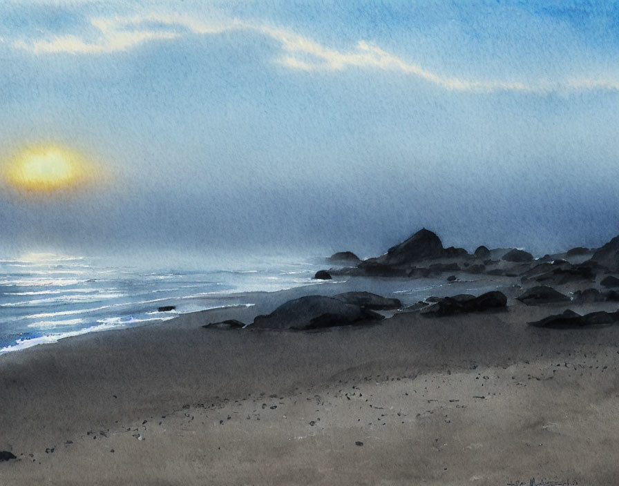 Serene beach watercolor: golden sun, hazy sky, gentle surf, rocks