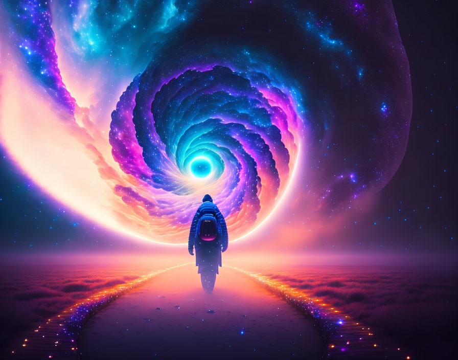 Person standing at path's beginning near cosmic portal in surreal starry landscape