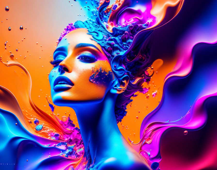 Colorful digital artwork: Woman's face merging with vibrant liquid swirls