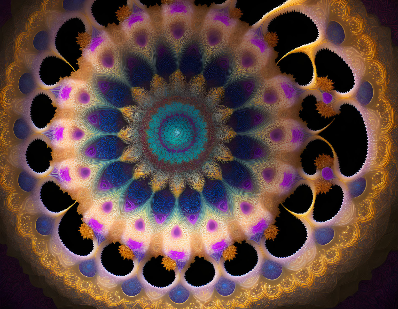 Symmetrical fractal pattern in purple, gold, and black