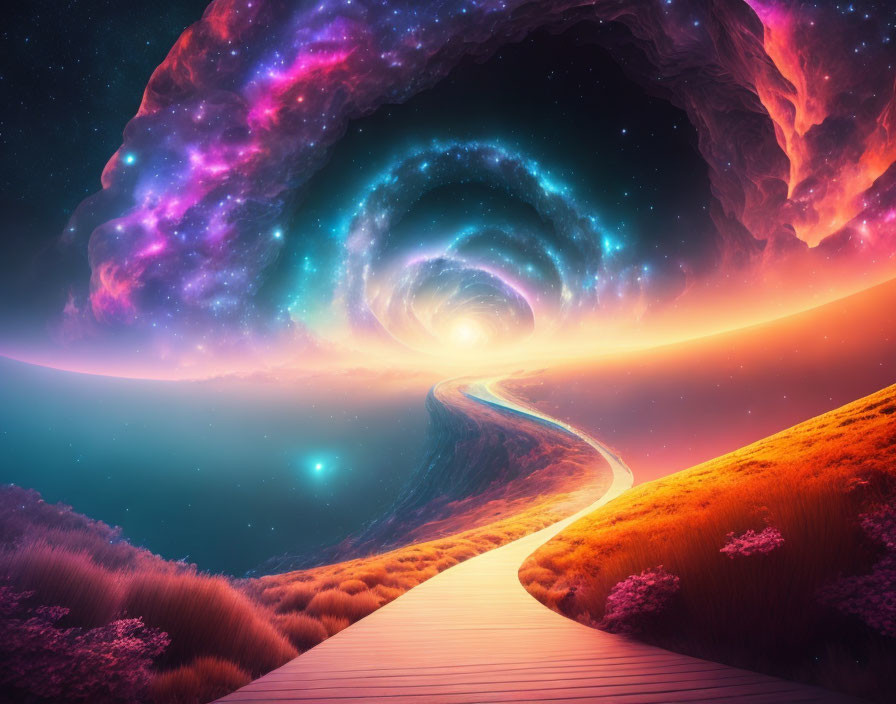 Colorful Rolling Hills and Galaxy Portal in Surreal Landscape