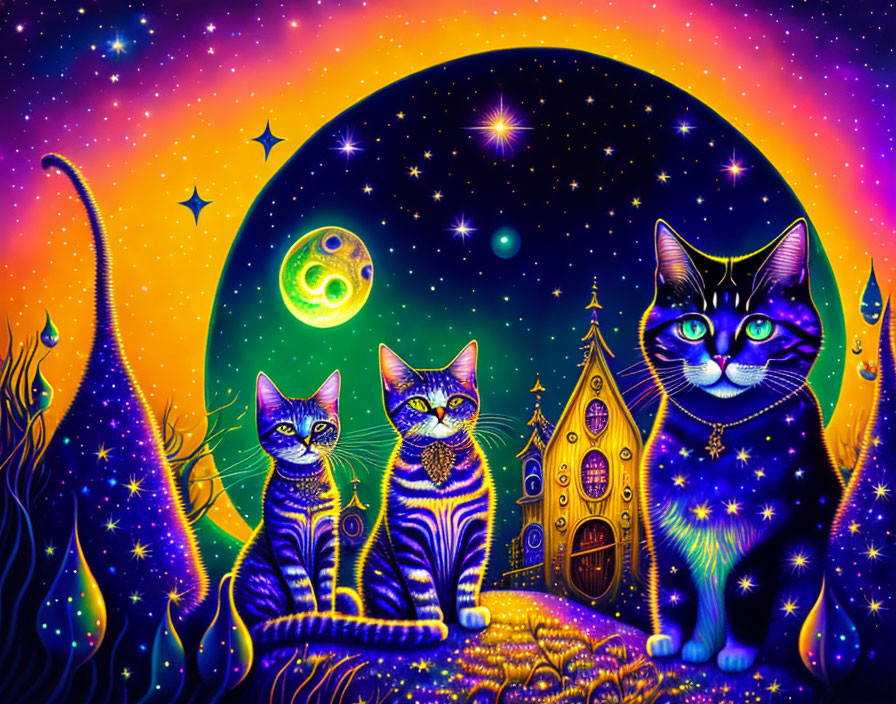 Colorful cosmic artwork featuring two striped cats, whimsical house, starry sky, crescent moon