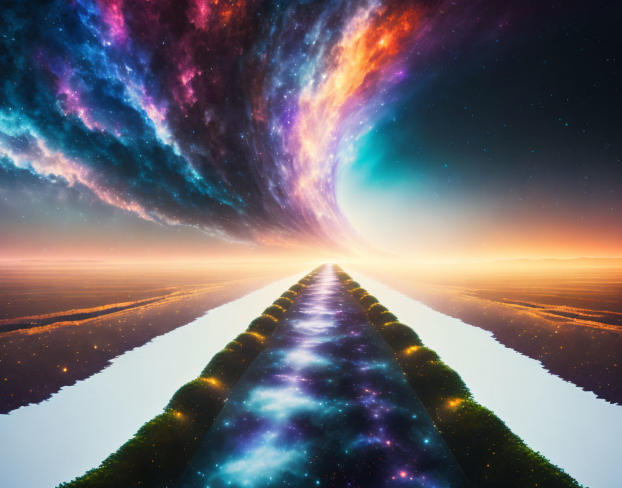 Surrealist landscape with cosmic sky and glowing horizon