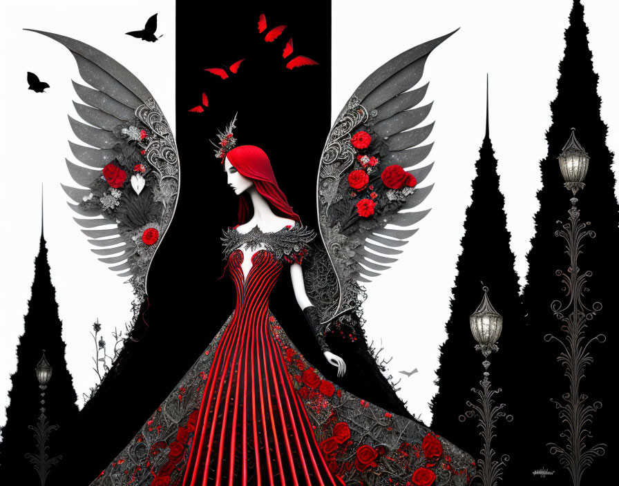 Stylized artwork of woman with red hair in ornate dress and angel wings surrounded by butterflies on