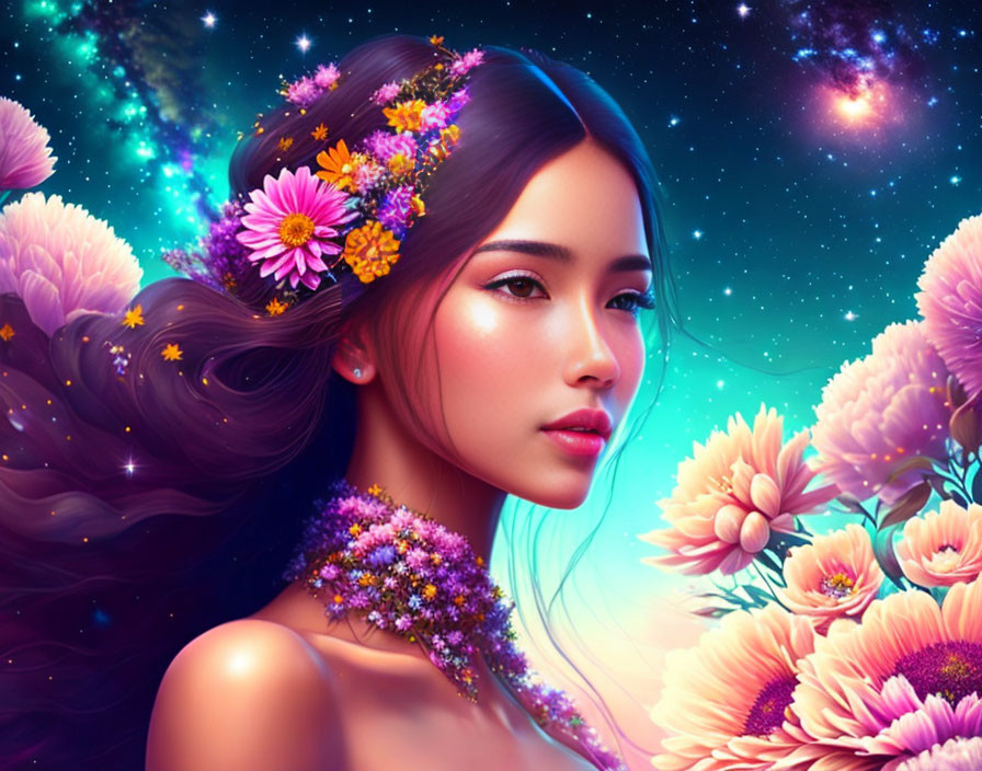 Cosmic-themed digital art portrait of a woman with floral hair.