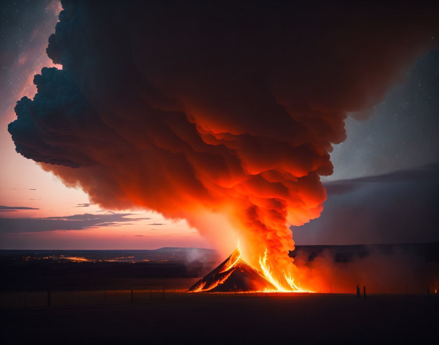 Intense Orange and Red Lava Flows in Night Volcanic Eruption