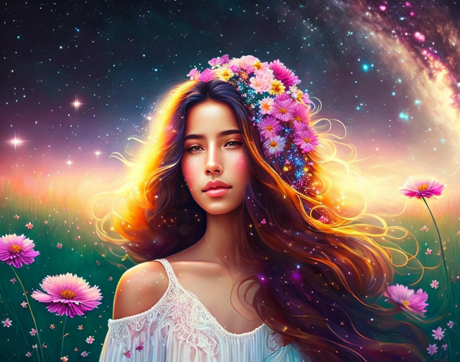 Digital artwork: Woman with floral crown in cosmic scene