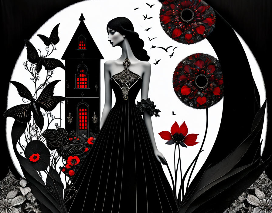 Monochromatic artwork of woman in black gown with red poppies, dark house, and birds