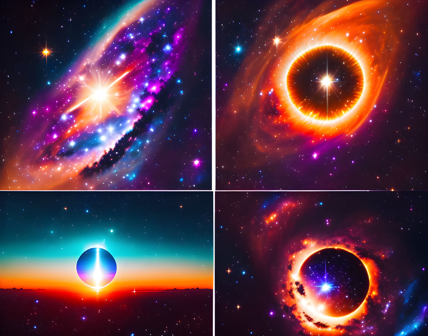 Four Vibrant Space Scenes Depicting Cosmic Phenomena