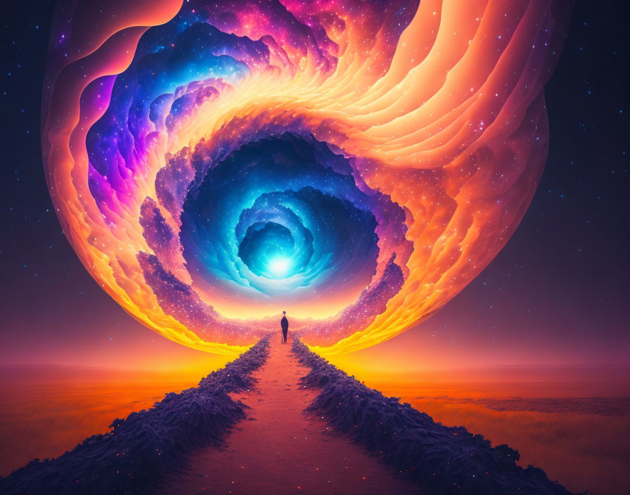 Person standing on pathway to swirling vortex in surreal, colorful landscape