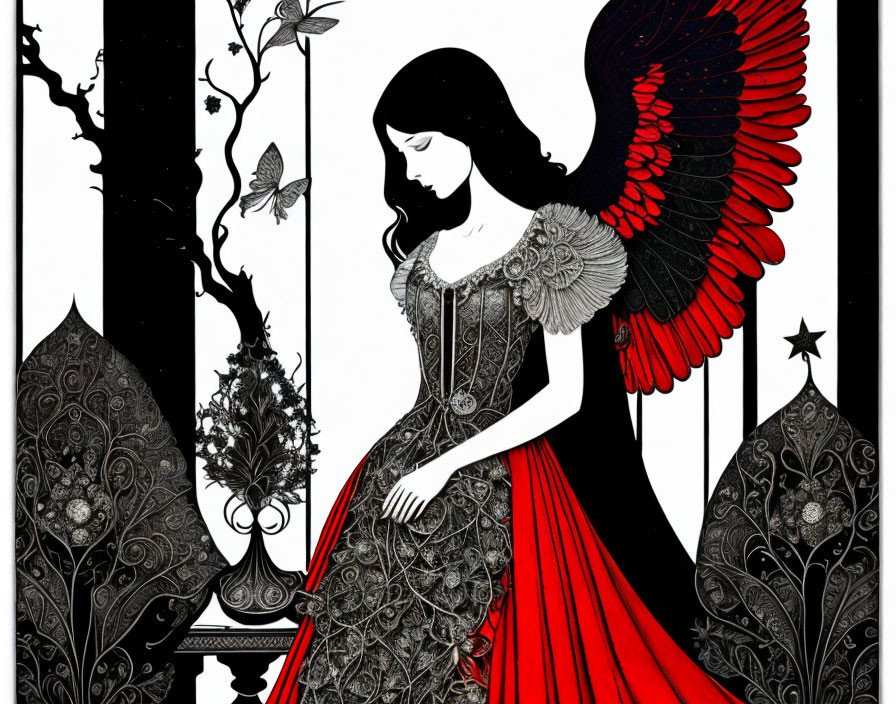 Stylized illustration of a woman with black wings in red and black dress