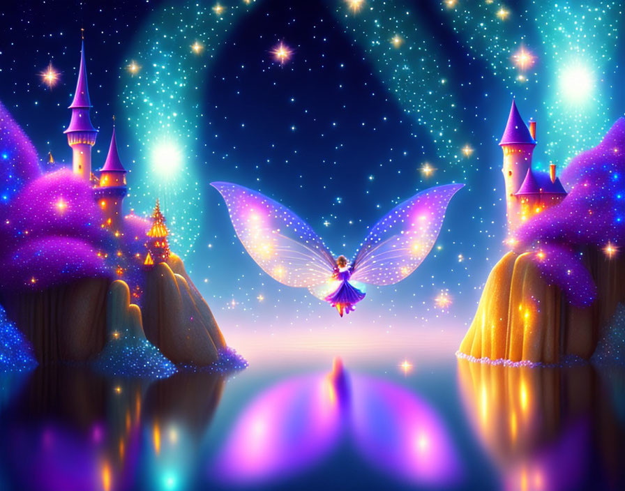 Glowing fairy in magical scene with starlit castles and vibrant hills reflected in blue lake