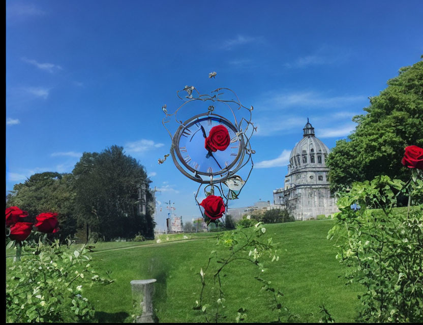 Park scene with metal sculpture, red roses, and domed building under blue sky