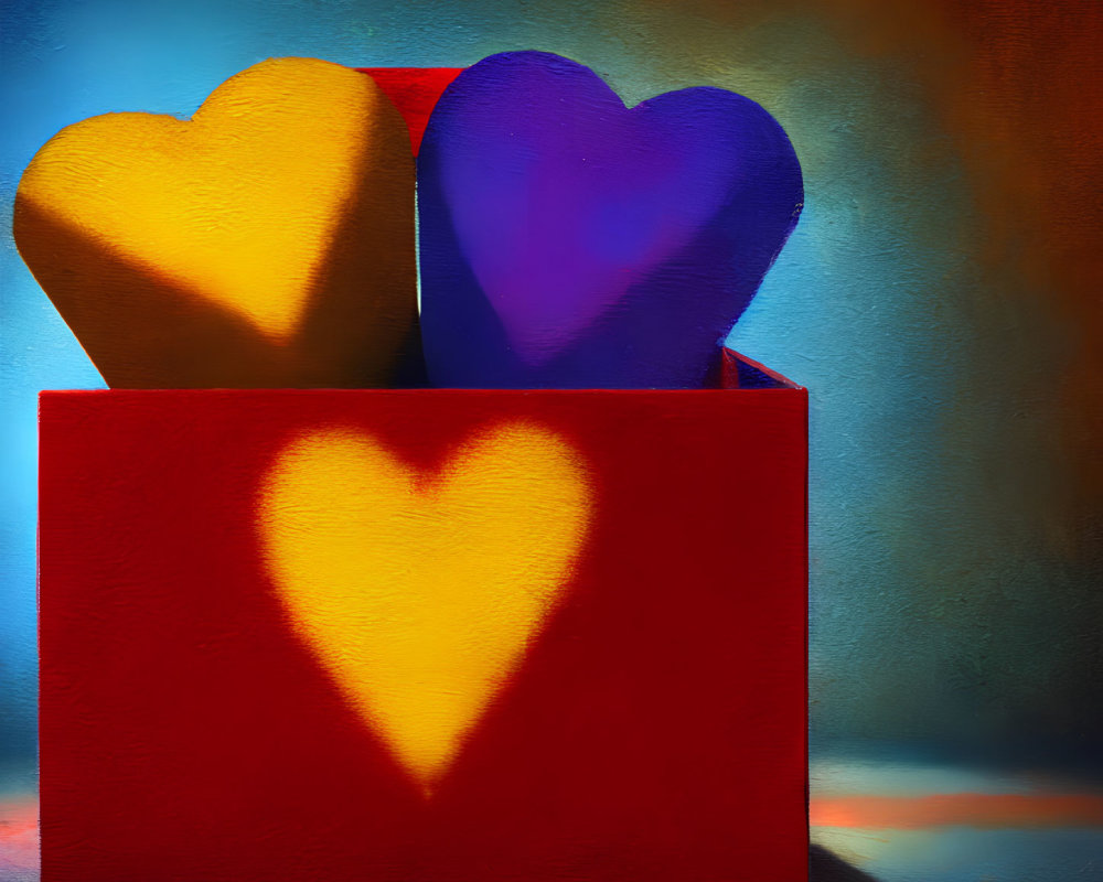 Heart-shaped yellow and blue objects in red box with heart-shaped shadow