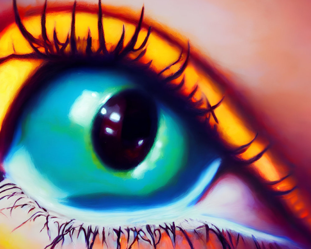 Colorful Close-Up Illustration of Human Eye with Exaggerated Eyelashes and Vibrant Iris