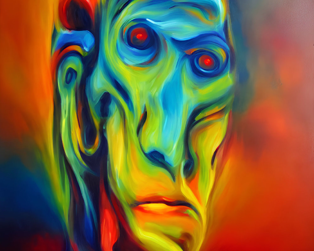 Abstract painting of sorrowful face with intense red eyes on fiery background