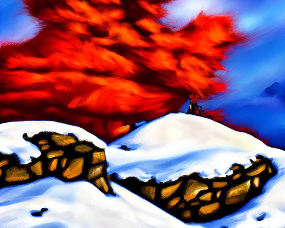 Colorful painting of red tree in snowy landscape with person and blue skies