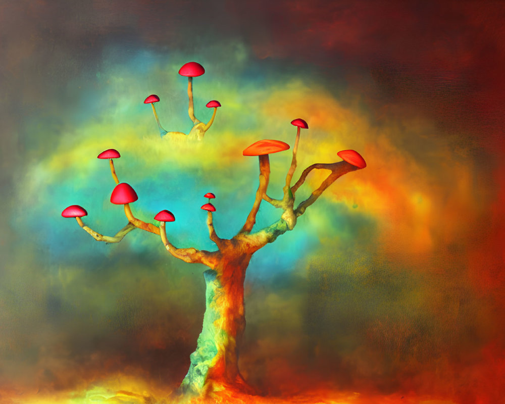 Vibrant surreal painting of tree with red mushroom-like canopies on fiery background