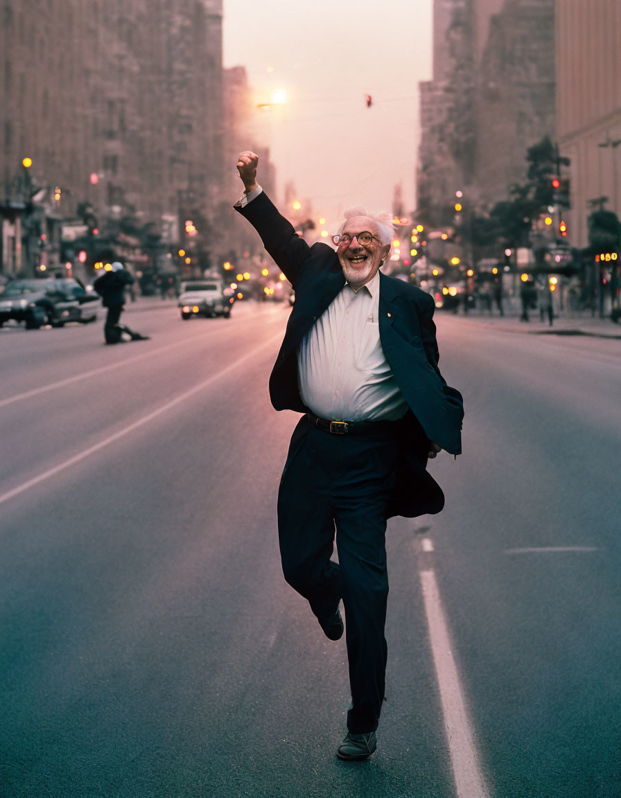 Elderly man with glasses and beard running in city street at sunset.