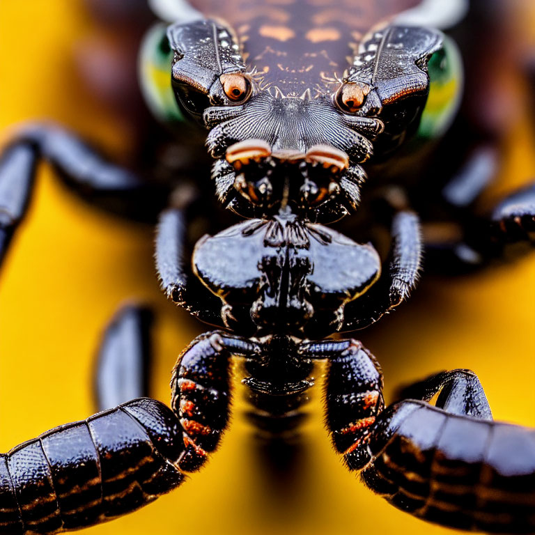 Detailed beetle with intricate patterns on head and thorax, antenna and leg details, on yellow background